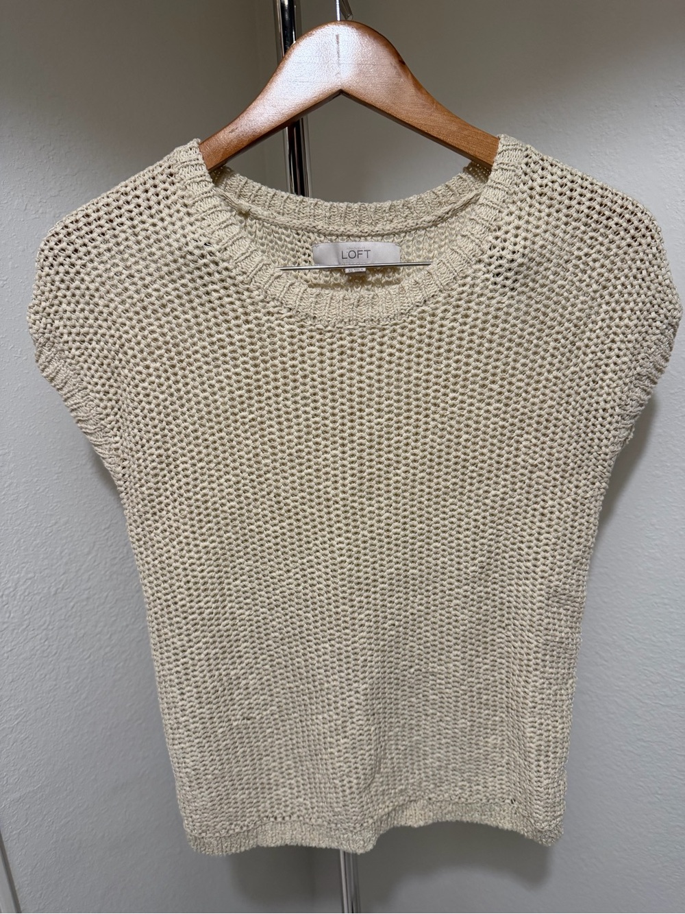 LOFT Neutral Cream Open-Knit Crew Neck Sweater